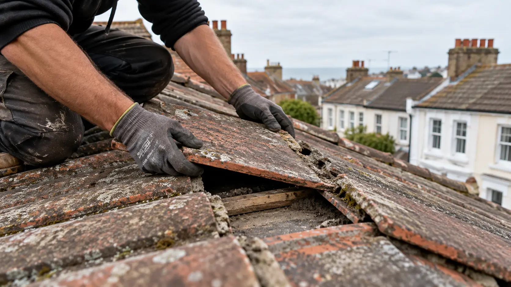 Roofer lifting weathered roof tiles to repair a leak